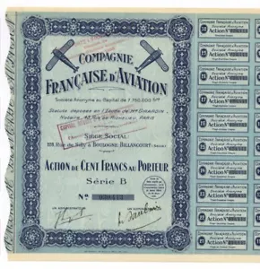 Compagnie Francaise d‘ AVIATION S.A. – Aktie, 100 Frs., Paris, 1930 – Luftfahrt! - Bild 1 von 2