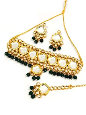 Gargantilla de perlas verdes paquistaní/india Kundan conjunto de joyas de diseñador con pendientes Foto 1 de 4