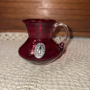Vintage Pilgrim Glass Red Crackle Squat Pitcher, 3.25 Inch Applied Clear Handle - Picture 1 of 7