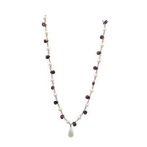 Pearl Garnet Sterling Silver Necklace With Teardrop Pendant Vintage - Picture 1 of 7