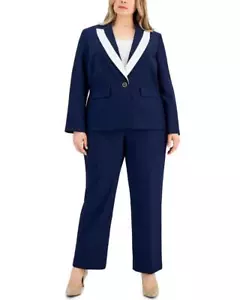 LE SUIT Plus Size 24W Indigo Stretch Crepe Contrast Trim Pantsuit NWT $265 - Picture 1 of 3