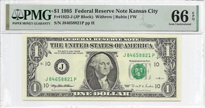 1995 $1 KANSAS CITY FRN. PMG GEM Uncirculated 66 EPQ. J/P Block. FW Print - Picture 1 of 2