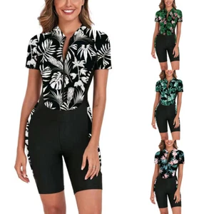 Women's One Piece Rash Guard Short Sleeve Padded UV Protection Zip Surf Swimsuit - Picture 1 of 30