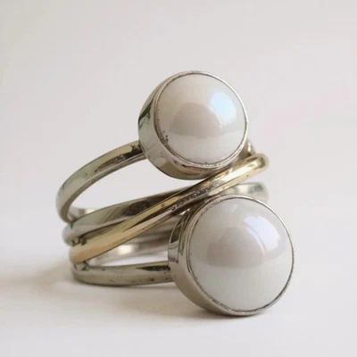 博物馆珍珠戒指 尺寸 7 银金色边框布莱顿波西米亚几何图案 — 第 1/4 张图片