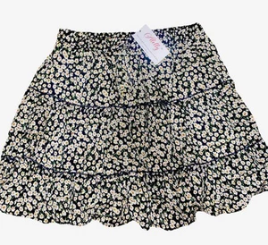 NWT Alelly Mini Skirt Floral Daisy Black Ruffled A line Lined Short Summer L - Picture 1 of 5