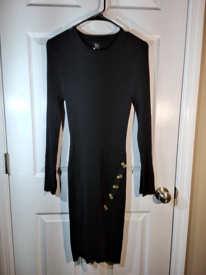 Vestido Suéter DEREK HEART Negro Tejido Acanalado Largo Talla XL Largo Frontal Abertura Con Botones Foto 1 de 4