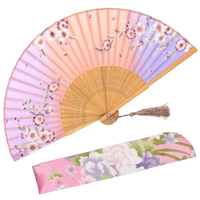 Hand Held Silk Folding Fans with Frame - with a Fabric Sleeve for Protection ... - Image 1 of 4