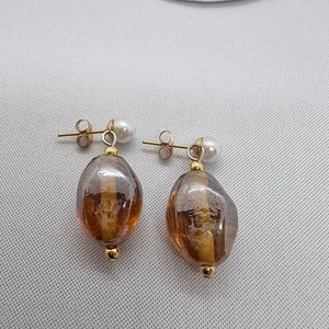 Drop Stud Pearl Earrings Dangle Handmade Glass Brown Gold Silver Bead Stainless - Picture 1 of 4