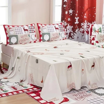  圣诞尺寸床单套装,4 件套假日床上用品和大号米色 — 第 1/4 张图片