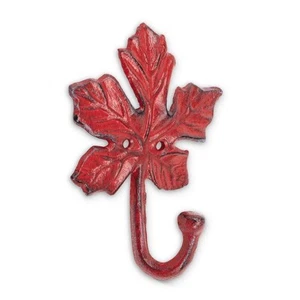 Sturdy Cast Iron Maple Leaf Wall Hook - Antique Red Finish - Picture 1 of 2