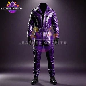 MENS GENUINE SHEEP LEATHER PURPLE JUMPSUIT CATSUIT FRONT ZIPPER OVERALL BODYSUIT - Picture 1 of 6