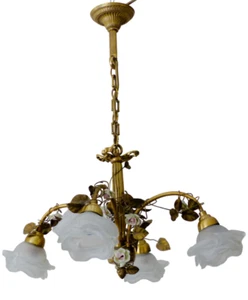 Antique FRENCH Bronze CHANDELIER Porcelaine Pink ROSES / Frosted White SHADES - Picture 1 of 14
