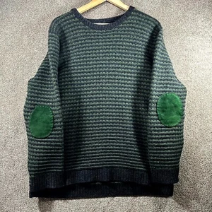Fisherman Sweater Mens L Green Black Striped Long Sleeve Round Neck High Low Hem - Picture 1 of 11