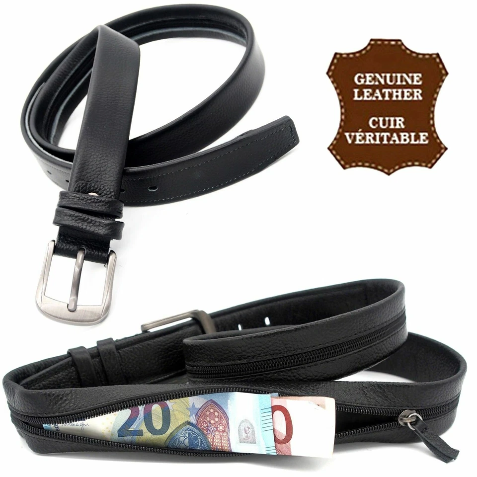 Ceinture cache billet Cuir Véritable vachette homme poche secrète zip invisible - Photo 1/1