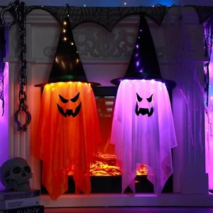 Halloween Hanging Lighted Glowing Ghosts Decor Ornaments Outdoor Yard - 2Pcs - Picture 1 of 12