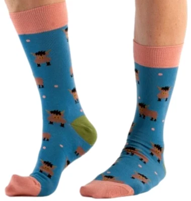 Highland Cow Socks Ladies Blue Cattle Cows Bamboo Cotton Womens Fun Novelty New - Изображение 1 из 4
