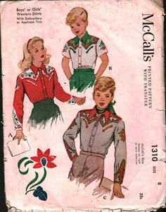 1310 Vintage McCalls SEWING Pattern Girls 1950s Boys Western Shirt Cowboy OOP 8 - Picture 1 of 2