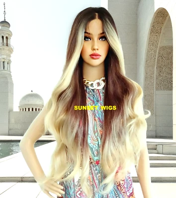 360 БЕСПЛАТНАЯ ЧАСТЬ ЧЕЛОВЕЧЕСКИХ ВОЛОС СМЕСЬ КРУЖЕВА СПЕРЕДИ ПАРИК ДЛИННЫЙ ВОЛНИСТЫЙ OMBRE КАРАМЕЛЬНЫЙ БЛОНДИН - Изображение 1 из 4