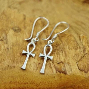 Erstaunliche ägyptische BANGLE Sterlingsilber Ohrringe antikes Ankh-Kreuz Schlüssel zum Leben - Bild 1 von 3