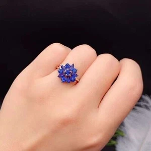 Natural Blue Sapphire Flower Ring, Blue Sapphire Cocktail Flower Ring, Deep Blue - Picture 1 of 6