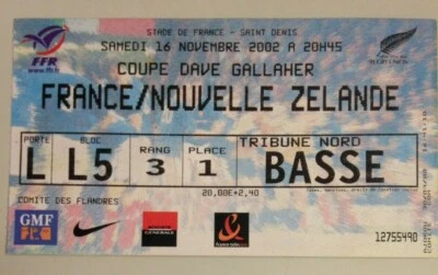 TICKET MATCH RUGBY FRANCE NOUVELLE ZELANDE 16 NOVEMBRE 2002 - Photo 1/2