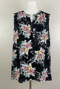 Blusa DR2 con ribete de ojales negra floral sin mangas ropa de trabajo informal Top XL - Imagen 1 de 6