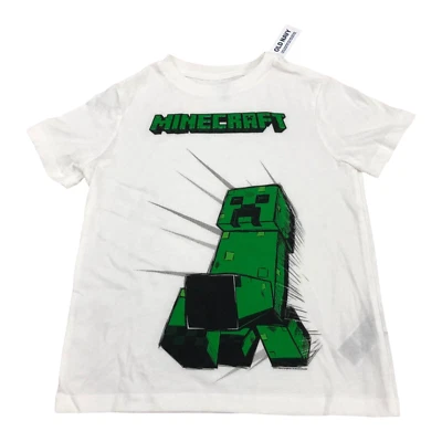 Old Navy Minecraft Boys XS 5 Graphic Print Cotton Crew Neck T-Shirt White/Green - Image 1 of 4