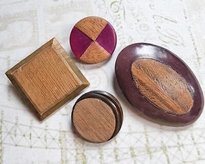 4 Vintage Zelluloid Nähen Knöpfe mit Holzintarsien ~ ovale quadratische & runde Formen - Bild 1 von 4