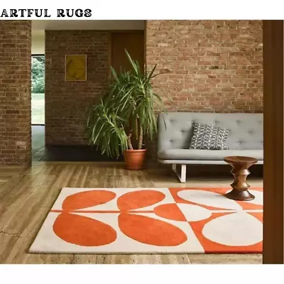 Mid century Hand Tufted Rug in Orange Color For bed & living Room leaves Pattern - Image 1 of 4