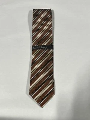 Para Hombres Kenneth Roberts Corbata Marrón Patrón Rayas Hecha a Mano Pura Seda NUEVO Foto 1 de 4