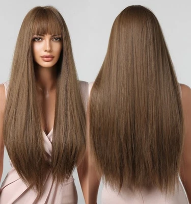 Peluca de fiesta cosplay marrón mediana con flequillo largo recto suave cabello sintético Foto 1 de 4