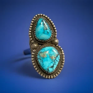 ANILLO NAVAJO VINTAGE PLATA ESTERLINA DOBLE KINGMAN TELA DE ARAÑA TURQUESA TALLA 8 - Imagen 1 de 6