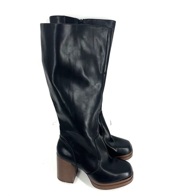 Bota de rodilla plataforma tórrida talla 10,5 WW extra ancha negra imitación cuero marrón tacón Foto 1 de 4