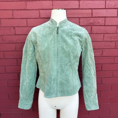 Chaqueta de cuero de gamuza Chicos verde menta cuello mandarín cremallera recortada talla 0 Foto 1 de 4