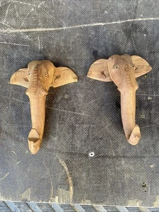 Wood Carved Elephant Wall Hooks Made In India Set of 2 - Picture 1 of 12
