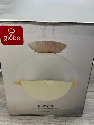Globe Electric 60316 Oswald Flush Mount, Matte White, Faux Wood Accent Canopy - Image 1 of 2