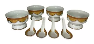 Vintage Asian Porcelain Soup Bowls & Spoons Gold Trim Set of 4 - Picture 1 of 6