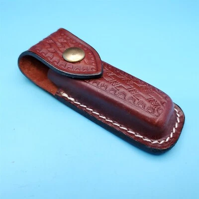 Funda para Navaja de Bolsillo Cuero Caoba Tejido de Cesta Hoja Plegable 4.75"x4" Suiza Foto 1 de 4