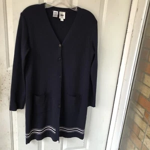 Vtg DKNY Cardigan Womens Medium Navy Blue Wool Knit V-neck Duster Y2k 90s Flaw - Picture 1 of 6