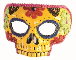 Day Of The Dead Yellow Half Skull with Flowers Adult Venetian Mask - Picture 1 of 1