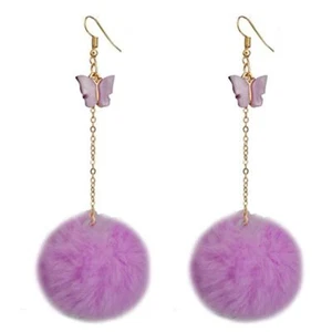 Colorful Faux Fur Fluffy Ball Earrings for Women Butterfly Pom Pom Pendant Earri - Picture 1 of 1