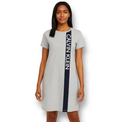 Calvin Klein Gray T-Shirt Dress Logo Stripe Casual Athleisure Sporty Women's M - Image 1 of 4