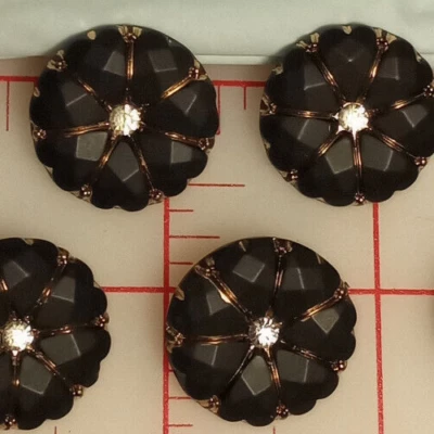 3 Vintage 7 Petal Black Bronze Czech Glass Shank Buttons Rhinestone Center #483 - Image 1 of 4
