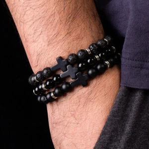 Black Lava Stone Beaded Cross Bracelet Fashion Hip Hop Charm Bracelets for Men - Picture 1 of 16