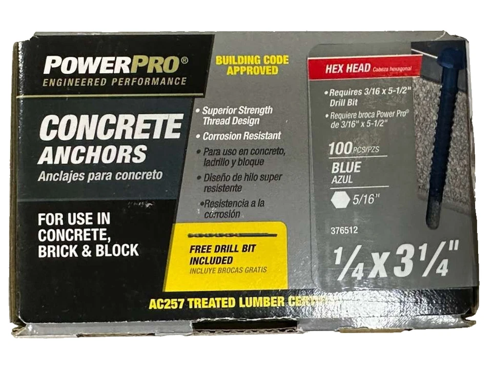 Tornillos de cabeza hexagonal azul PowerPro 376512 anclajes de hormigón 1/4 x 3-1/4" 100pk Foto 1 de 1