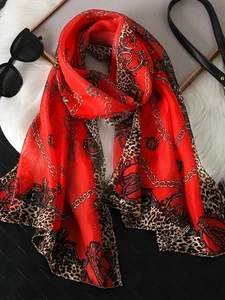 1pc Women Scarves Elegant Leopard & Floral Print Chiffon Scarf, Breathable. - Picture 1 of 7