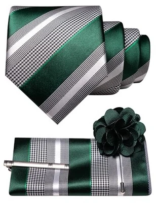 Mens Striped Tie and Lapel Pin Necktie Pocket Square and Tie Clip Dark Green - Image 1 of 4