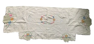 Vintage Embroidered Buffet Cover Table Runner Granny Core Shabby 47.5X18” - Picture 1 of 9