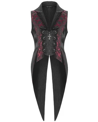 Devil Fashion Mens Gothic Punk Crucifix Jacquard Tailed Waistcoat Vest Black Red - Image 1 of 4