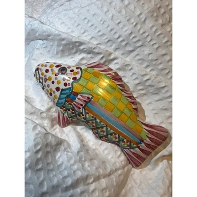 MacKenzie-Childs Ceramic Fish Knob 5in Colorful Checker Pink Pull Handle - Image 1 of 4